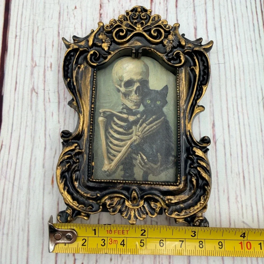 Handmade Skeleton Black Cat Art Ornate Baroque Gold Black Resin Frame